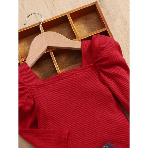 NWT SHEIN Baby Gigot Sleeve Top & Plaid Print‎ Asymmetrical Hem Skirt Size 2-3Y - Picture 4 of 7